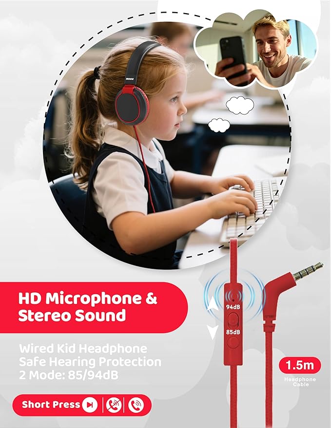 MIDOLA Volume Limited 85/110dB Kids Headphone Over-Ear/On-Ear Foldable Sound Noise Protection Headset with Inline AUX 3.5mm Cord w/Mic for Child School Cellphone Pad PC Notebook Black