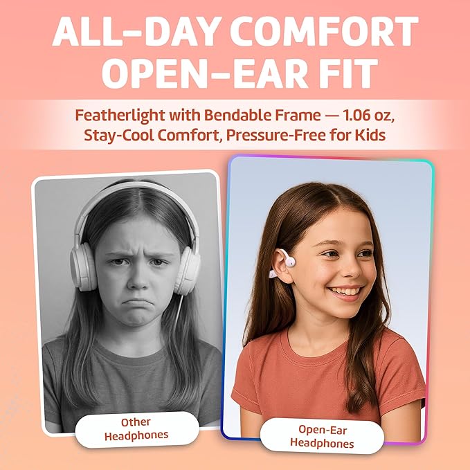 Kids Bluetooth Headphones, Air Conduction Open-Ear Headphones, Mic/Touch, 85dB Limit, Parental Control, Clear Audio, Lightweight, Rugged & Durable, IP54/20H, Earbuds for School/Travel -Purple