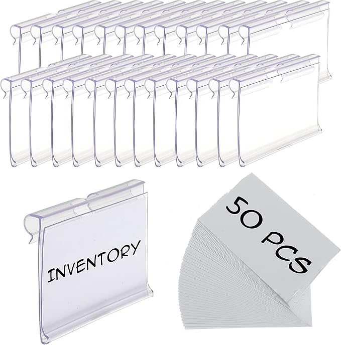 50pcs Labels for Storage Bins Plastic Label Clip, Basket Labels Clip On Wire Shelf Price Label Holder Merchandise Sign Display Holder, 50pcs Label Insert Included (3.94IN*1.57IN)