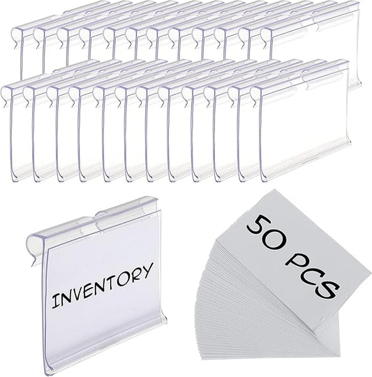 50pcs Labels for Storage Bins Plastic Label Clip, Basket Labels Clip On Wire Shelf Price Label Holder Merchandise Sign Display Holder, 50pcs Label Insert Included (1.96IN*1.65IN)