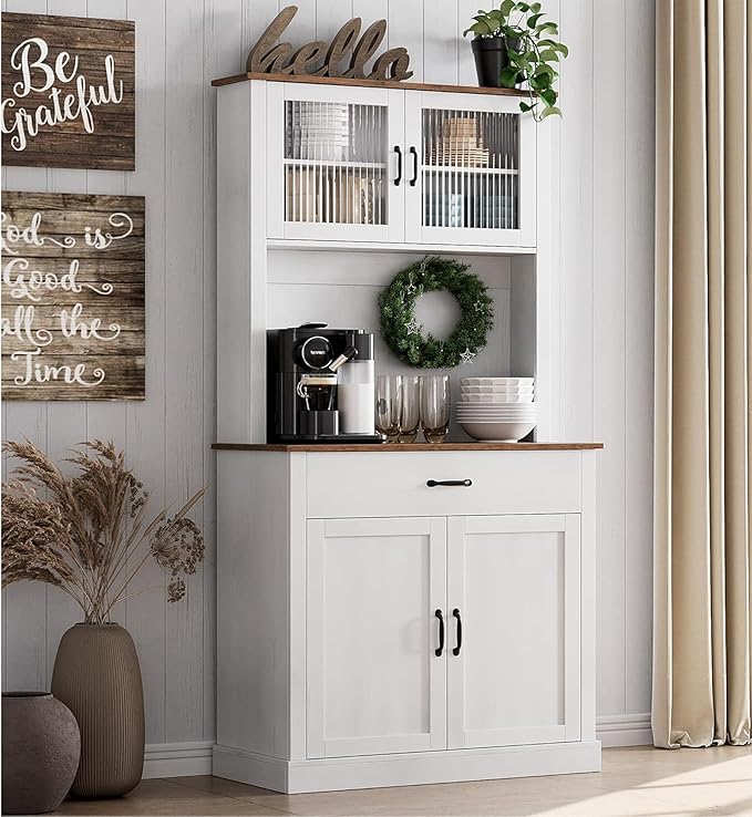 IDEALHOUSE Kitchen Pantry Cabinet with Microwave Stand, 71”Freestanding Tall Kitchen Cabinet with Doors and Shelves for Dining Room, White