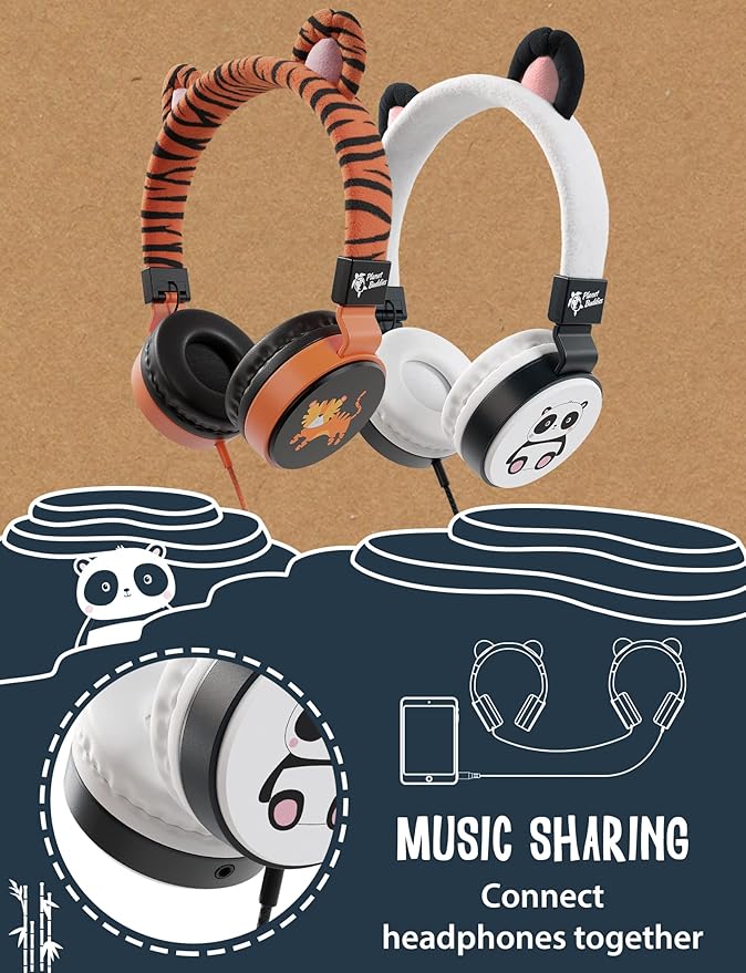Planet Buddies Kids Headphones for School Travel, Safe Volume Limited, HD Mic Stereo Sound On-Ear Girls Boys Headphones for Kid, Foldable 3.5mm Wired Kids Earphones for iPad Computer - Furry Panda