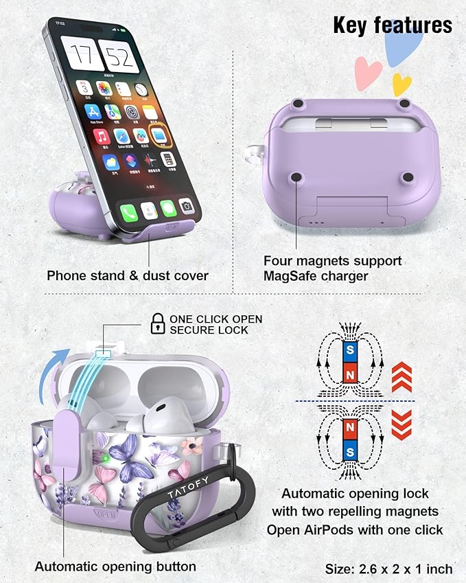 TATOFY for AirPod Pro 3 Case (2025) with Phone Stand Lanyard Lock Cleaning Kit, Compatible with Magsafe, Flowers Hard AirPods Pro 3rd Generation Cover for Women (Butterfly, AirPods Pro 3)