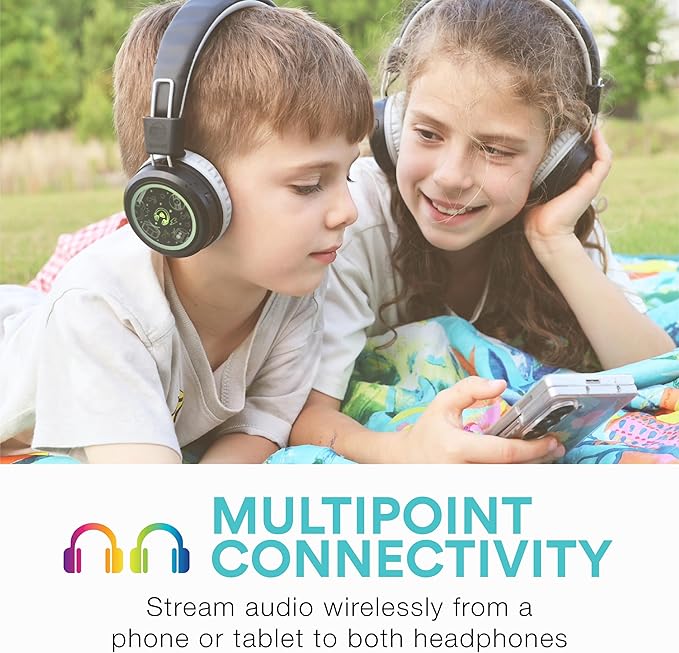 MEE audio KidJamz Share Bluetooth Headphones for Kids with LED Lights, 85dB Volume Limiter, Microphone, 40h Battery; Childrens Headset for School/iPhone/iPad/Tablet (Model: KJ55BT-S, 2-Pack)