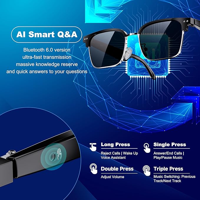 AI Smart Glasses for Women and Men, Bluetooth Translation Glasses with Chat GPT and 164 Languages, Sunglasses with Polarized Lens, Music Playback & Hands-Free Calls, UV & Blue Light Protection