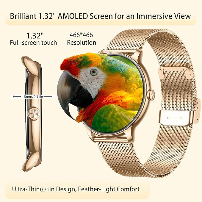 Smartwatch for Women Ultra Slim,1.32" AMOLED Fitness Tracker with Heart Rate, Blood Oxygen, Sleep Monitor, Pedometer, Bluetooth Call, IP68 Waterproof, iPhone & Android -2 Bands