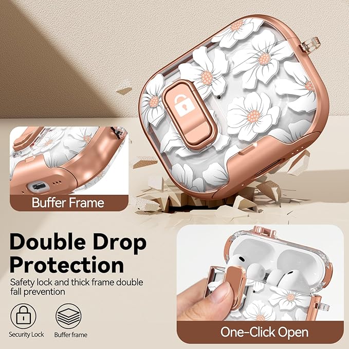 for AirPod Pro 3 Case 2025, with Safty Lock & Phone Stand for Floral AirPod Pro 3 Generation Case Cover for Women Girly, iPod Pro 3 Cases with Keychain & Cleaner Kit -White Lily