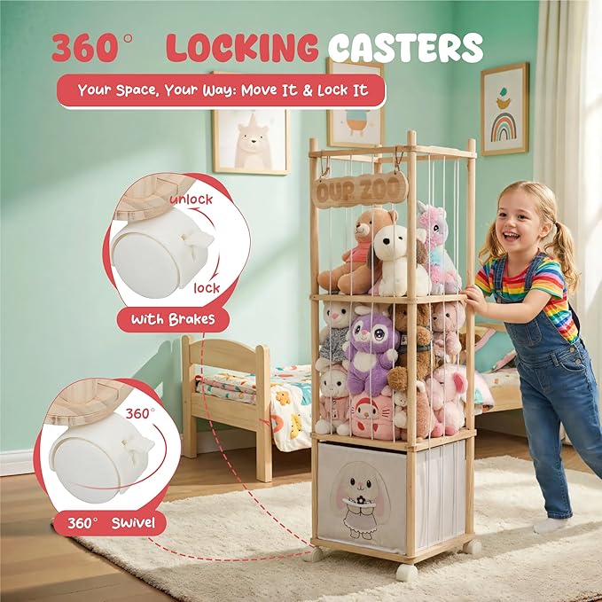Stuffed Animal Storage with Removable Fabric Bins & Locking Wheels, 2-in-1 Wooden Toy Organizer and Display Shelf - Space-Saving for Playroom, Bedroom, Nursery