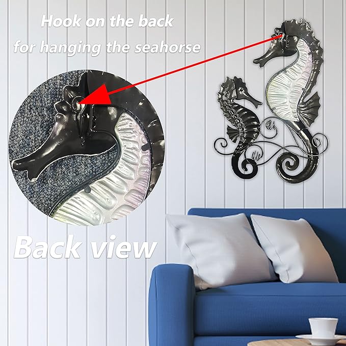 JOYBee Metal Seahorse Family Wall Art Decor-Outdoor Indoor Coastal Hanging Art-Beach Ocean Theme Garden Wall Art Decor for Patio Backyard Yard Fence Pool Bathroom Living Room Wall Decorations