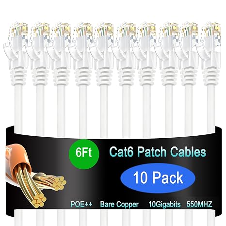 Cat6 Ethernet Patch Cable 6 ft (10 Pack), Cat6 Patch Cable 26AWG Pure Copper for Data Centers, Cat 6 Patch Cable 10G, Network Patch Cables for Home and Enterprise Network -White