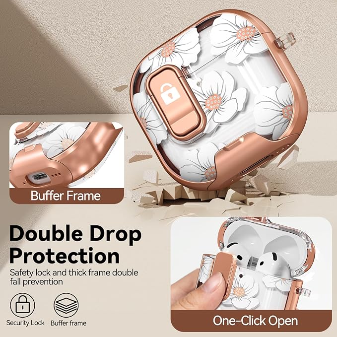 for AirPods 4 Case, with Safty Lock & Phone Stand for Floral AirPods 4th Generation Case Cover for Women Girly, iPod 4 Case with Keychain & Cleaner Kit -White Lily