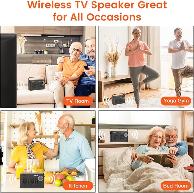 Tosima TV-8000 Wireless TV Speakers- Voice Highlighting TV Speakers for Hard of Hearing, Seniors and Elderly, 1000mAh Rechargable Battery, 8-HR Playtime, 2.4G RF Transimitter, 100Ft Range