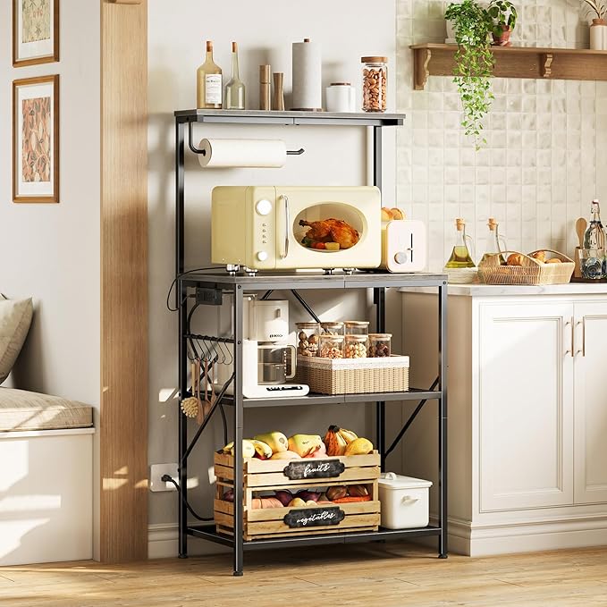 Huuger 4-Tier Bakers Rack with Reversible Power Outlet, 23.6 Inch Microwave Stand with Paper Towel Holder, Kitchen Bar, Larger Storage with Top Shelf, 6 S Hooks, Grey