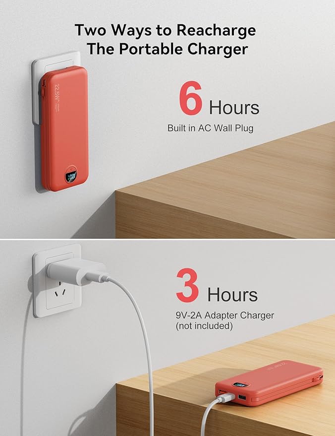 12000mAh Ultra-Portable-Charger-Power-Bank with Built in Cables&AC Wall Plug,PD20W USB-C Fast Charging Cell Phone Charger Battery Pack,LED Display Travel Battery Bank for All iPhone,Samsung,Android