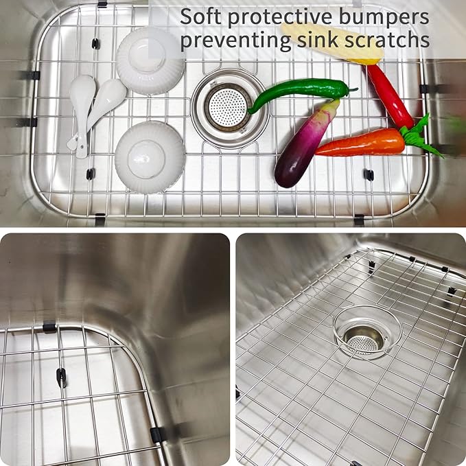 Kitchen Sink Grid 26-1/8"x14-1/4 - Heavy Duty Kitchen Sink Protector with Built-in Strainer & Center Drain, Non-Slip Rubber Feet & Scratch Resistant Bottom Guard