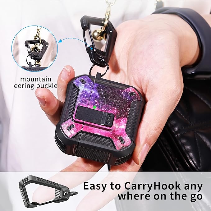 RFUNGUANGO Compatible AirPods 4th Generation Protective Case with Phone Holder and Compatible Back Magnetic Suction Function, Suitable for AirPods 4th Case-Black+Starry Sky