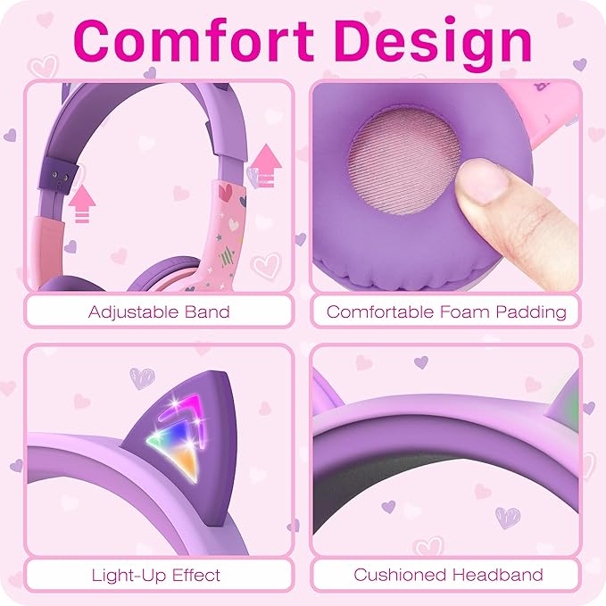 FosPower Kids Headphones with LED Cat Ears (85dB Safe Volume Limit), 3.5mm Soft On-Ear Wired Headphones with Tangle-Free Laced Cables for iPad/Tablet/School/Travel - Baby Pink/Lavender