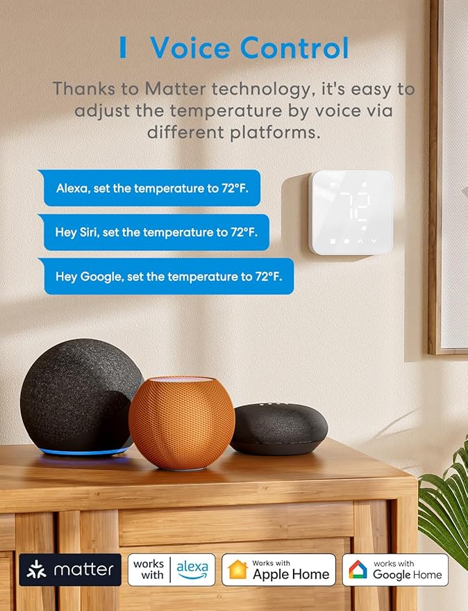 meross Smart Thermostat for Home, WiFi Thermostat Works with Matter, Alexa, Apple Home, Google Assistant, App & Voice Control, 7x24h Scheduling, Energy Saving, C-Wire Required