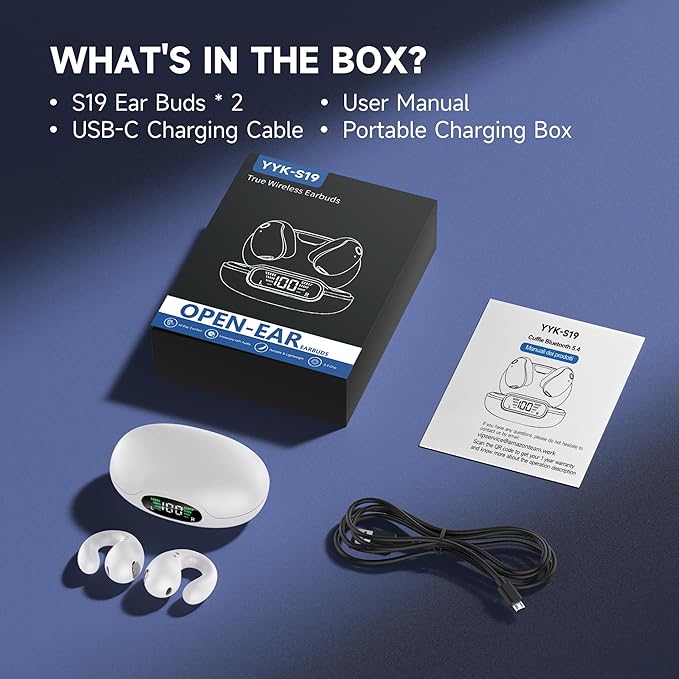Open Ear Earbuds Wireless Bluetooth 5.3, Flexible Clip On Ear Buds with 50H Playtime LED Display Bone Conduction Headphones, IPX7 Waterproof Light Weight Earbuds Fit for Every Ear (White)