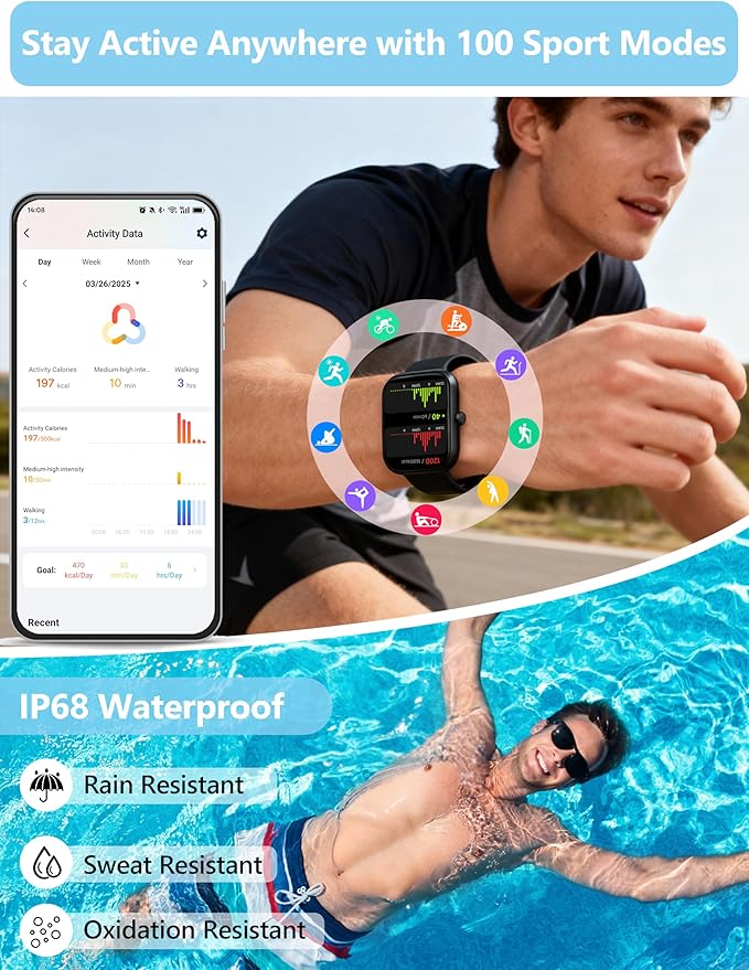 KALINCO Smart Watch Women [2 Bands, 44mm case] 1.83" Alexa Fitness Tracker, Heart Rate, Sleep, Stress Monitor, IP68 Waterproof Smartwatch, Make/Answer Calls, Compatible with iPhone & Android Phones
