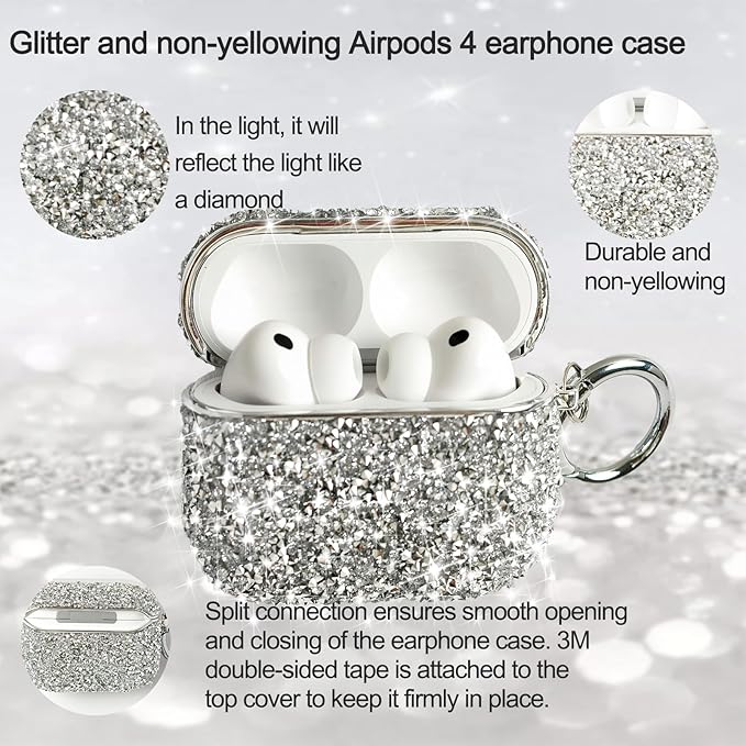 for Cute Glitter AirPods 4 Case for Women| Bling Hard Airpod iPods 4 Cases | with Keychain | Sparkly Rhinestone Air Pods 4 Generation Case for Women Girl- Model A3058/A3059(White)