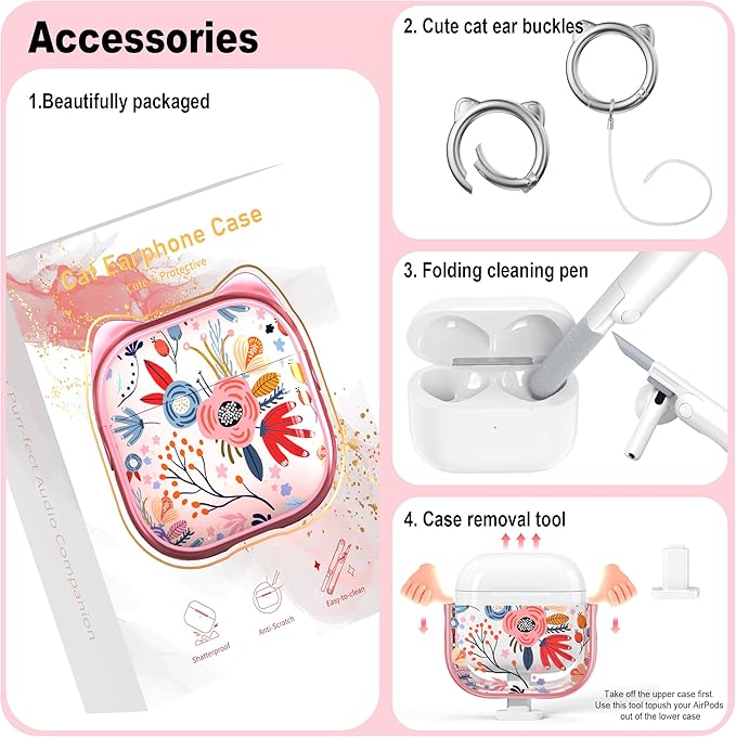 RFUNGUANGO AirPods 4 Case for Women Girly Cat Case with Lock, Phone Stand,Keychain & Cleaner Kit, Compatible with Apple Airpods 4th Generation Case Cover, Pink Flower