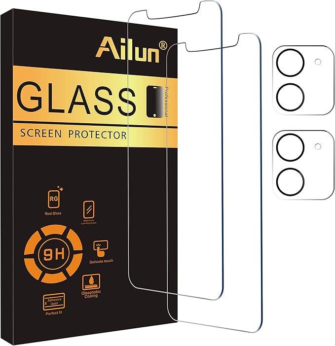 Ailun 2 Pack Screen Protector Compatible for iPhone 12 [6.1 inch] + 2 Pack Camera Lens Protector,Tempered Glass Film,[9H Hardness] - HD