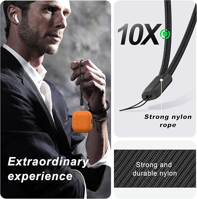 R-fun for Airpods 4 Case, Soft TPU (Leather-Like Design) Drop Protection Cover for Men and Women with Lanyard and Cleaner Kit, Compatible with Apple Latest Airpods 4th Gen(USB-C)(2024)-Orange