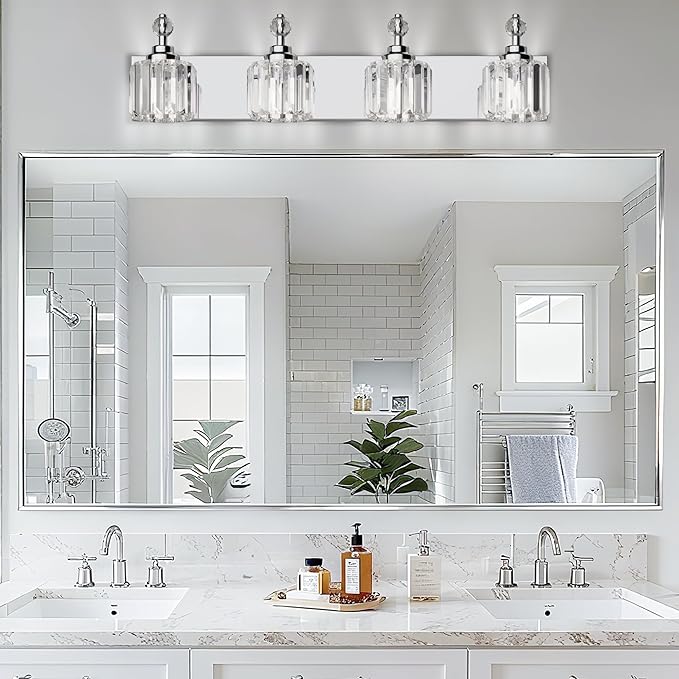 4-Light Bathroom Vanity Light - Crystal Bathroom Lighting Fixtures Over Mirror with 60w(Max) E12 Base, 56pcs Crystal Sheet, Chrome Vanity Lights for Bath Room