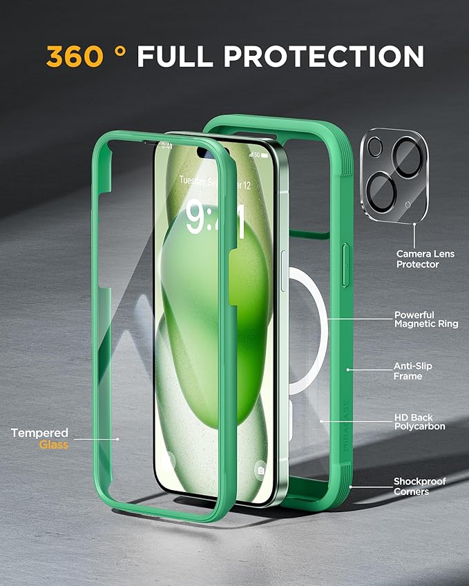Miracase Magnetic for iPhone 15 Plus Case 6.7'' [Compatible with Magsafe] Full-Body Military Drop Proof 15 Plus Phone Case Cover with Built-in 9H Tempered Glass Screen Protector,Magnetic Green | Magnetic, 6.7'', Full-Body, Military Drop Proof, 15 Plus ...
