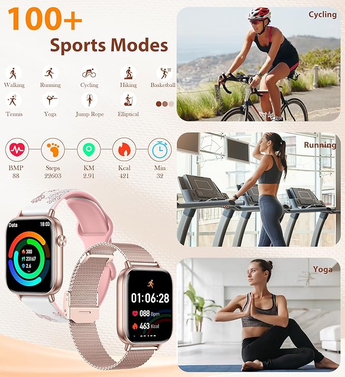 Smart Watch for Women (Answer/Make Calls),1.83" Touch Screen Fitness Tracker with 4 Bands, Heart Rate/Sleep/Step Tracking, 100+ Sports Modes Smartwatches for Android iOS (Rose Gold)