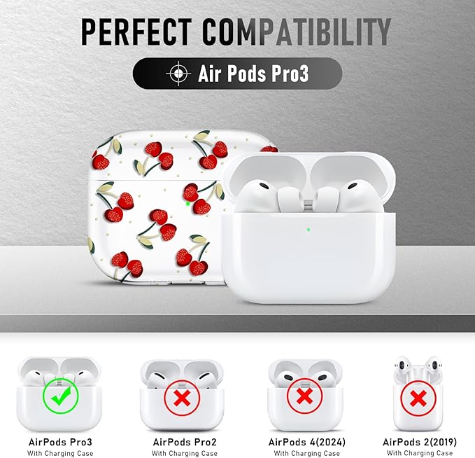 Compatible Airpods Pro 3 Case (2025),Soft Cute Cherry Print Silicone Protective Cases for Apple AirPods Pro 3rd Generation Case,Airpod Pro 3 Cover with Keychain&Cleaner Kit for Women/Girls,Cherry