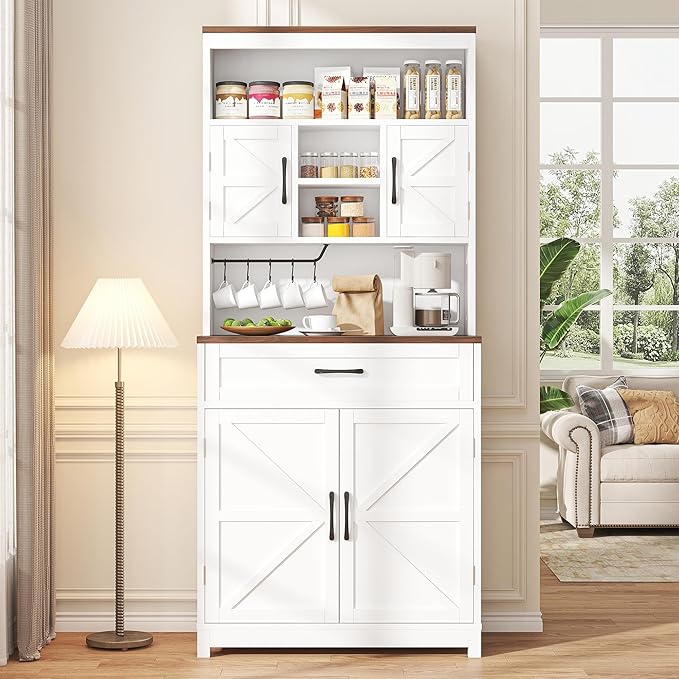 69.3" Tall Kitchen Pantry Cabinet with Door, Drawer and Storage Shelves, Large Storage Cabinet, Buffet Cupboard, Kitchen Hutch with Wide Countertop and Charge Holes for Home Office Use, White