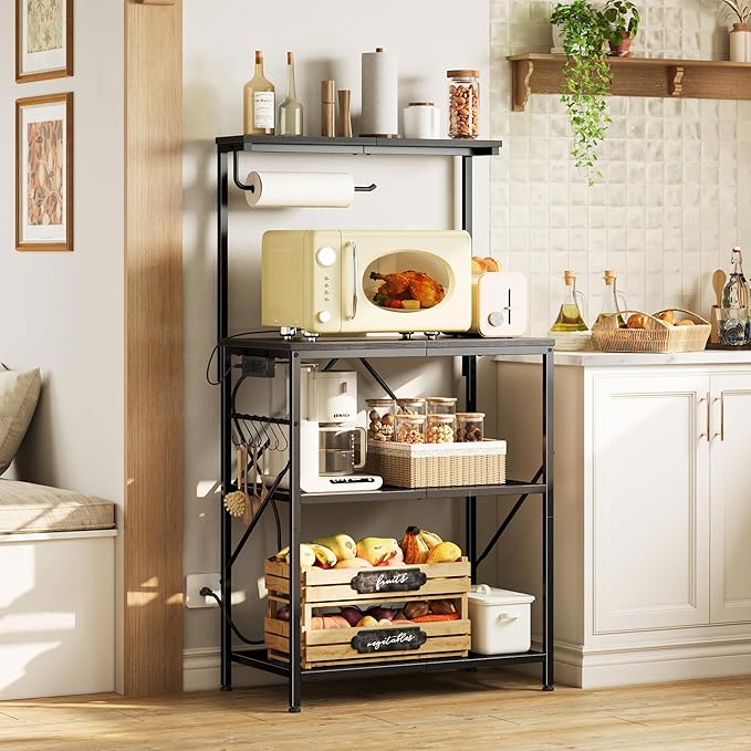 Huuger 4-Tier Bakers Rack with Reversible Power Outlet, 23.6 Inch Microwave Stand with Paper Towel Holder, Kitchen Bar, Larger Storage with Top Shelf, 6 S Hooks, Black