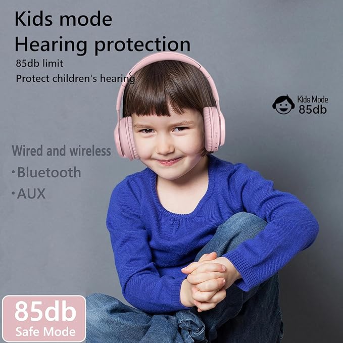 Kids Bluetooth Headphones,85db Volume Limit,Hearing Protection,Wireless Headphones with Mic,Music,Chat,Kids Mode,Normal Mode,Wireless and Wired,LED Light,for Children Adults,Pink