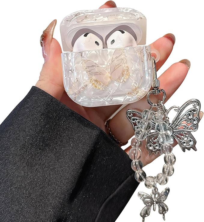 for AirPod 4 Case Cute Elegant Shell Pearl Shockproof Protective Cover with Strap Keychain Compatible for AirPods 4th Generation for Women Girls (Gold Butterfly)