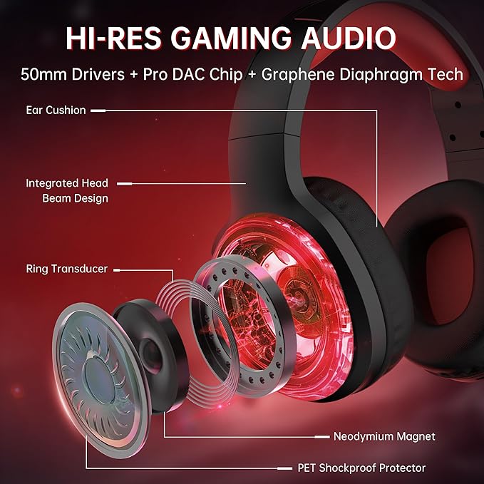 AOC Bluetooth Gaming Headset with Mic for PC, PS5/4, Nintendo Switch, 2.4GHz Wireless Gaming Headphones with RGB, USB-C, 7.1 Virtual Surround 20ms, Latency, 45H Playtime- Red