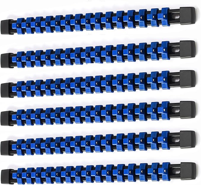 ALOANES 6PC ABS Socket Organizer, Socket Rails Fit 3/8 inch Drive, Heavy Duty Socket Holders Hold up to 90 Sockets, Black Rails with Blue Clips