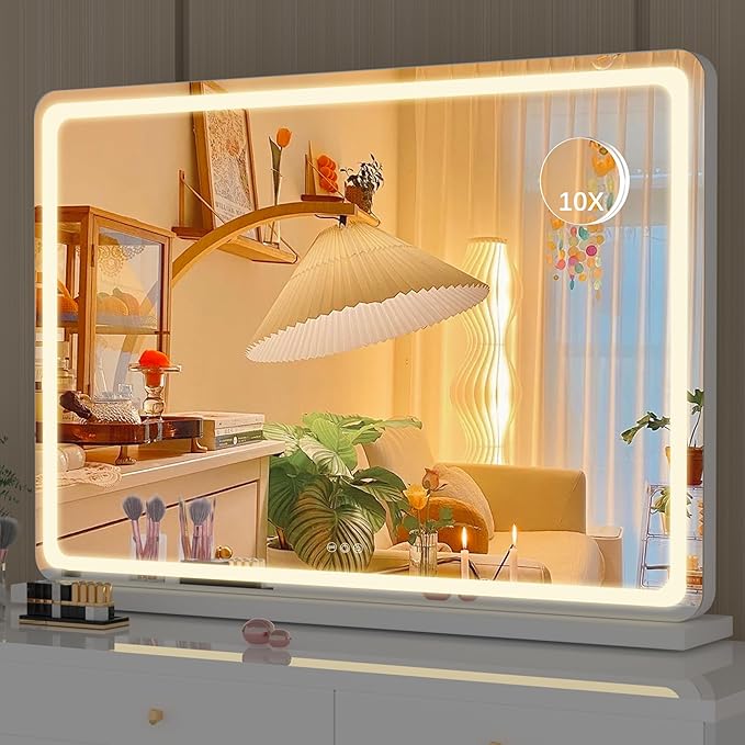 Hasipu Vanity Mirror with Lights, 31.5" x 22" LED Makeup Mirror, Lighted Makeup Mirror with Dimmable 3 Modes, Touch Screen Control Vanity Mirror Round White