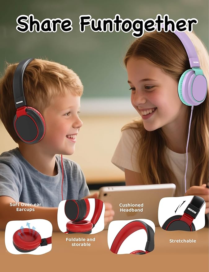 MIDOLA Volume Limited 85/110dB Kids Headphone Over-Ear/On-Ear Foldable Sound Noise Protection Headset with Inline AUX 3.5mm Cord w/Mic for Child School Cellphone Pad PC Notebook Black
