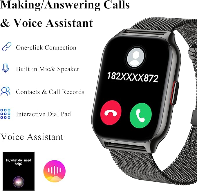 Popglory Smart Watch Answer/Make Calls, 2.01'' Smartwatch with AI Voice Control, Blood Pressure/SpO2/Heart Rate Monitor, Fitness Tracker Watch 2 Straps for Men Women for iOS Android Phones