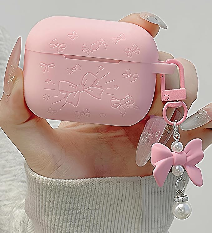 for AirPods Pro 2 Case Cover with Bow Keychain, DamonLight Cute Flower Floral Engraved Silicone Protective Case Cover Compatible with Apple Airpods Pro 2 Case for Women and Girls, Pink