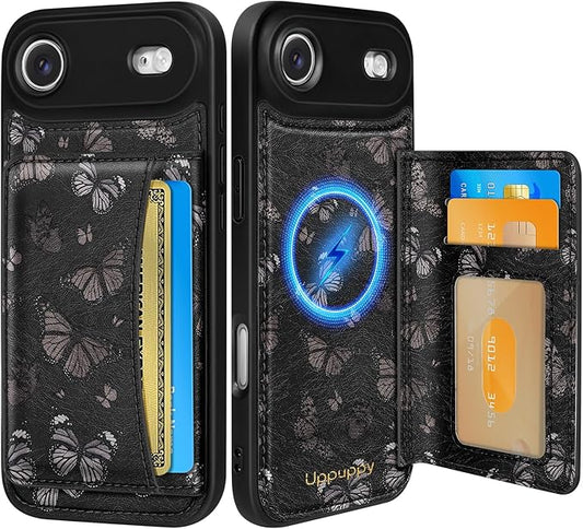 for iPhone 17 Air Case with Wallet - Fits 4 Card Slots,Compatible with MagSafe for Women Aesthetic Durable PU Leather Credit Card Holder Kickstand Phone Cover for Apple 17 Air, Black Butterfly