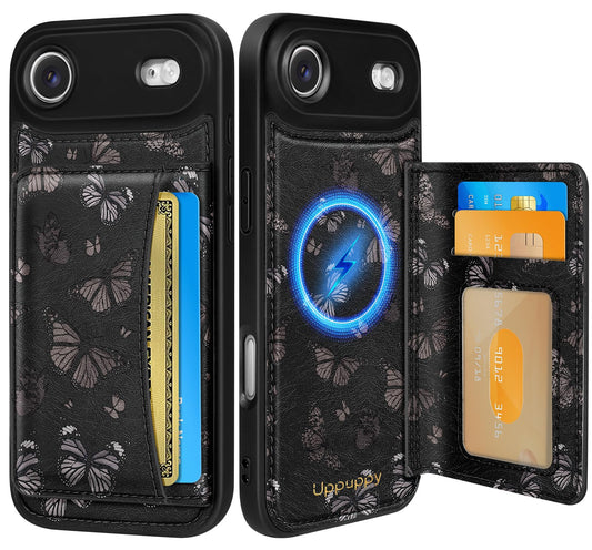 for iPhone 17 Air Case with Wallet - Fits 4 Card Slots,Compatible with MagSafe for Women Aesthetic Durable PU Leather Credit Card Holder Kickstand Phone Cover for Apple 17 Air, Black Butterfly
