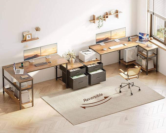 Casaottima L Shaped Desk with Drawers & File Cabinet, 63 Inch Computer Desk with Storage Shelves & CPU Stand, Corner Desk with Power Outlets, Reversible L Desk for Home Office, Rustic Brown