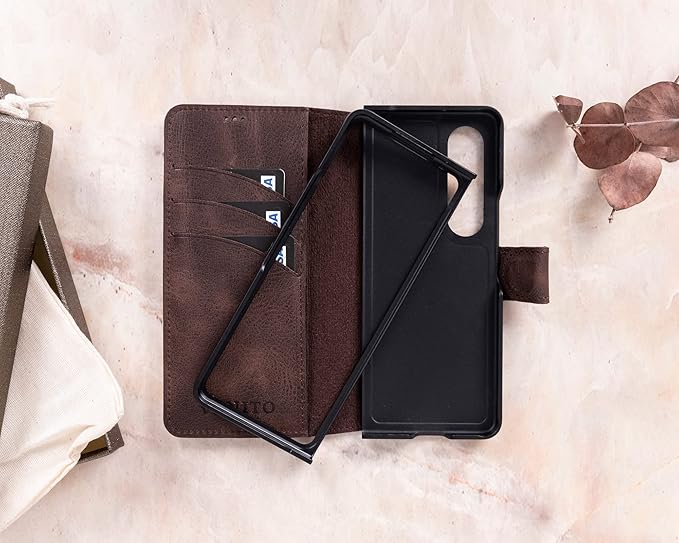 Venito Trieste Handmade Case for Galaxy Z Fold 4, Ultimate Protection with Full Grain Leather, Premium Phone Wallet Case for Galaxy Z Fold, Coffee Brown
