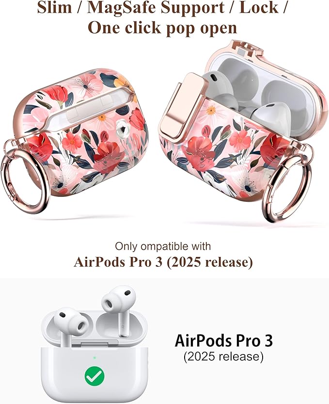 TATOFY for AirPods Pro 3rd (2025) Generation Case with Lock Carabiner Cleaner, Slim AirPod Pro 3 Hard Case Cover, Compatible with MagSafe (Water Pink)