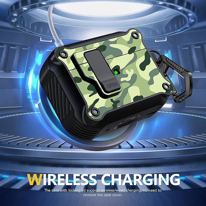 RFUNGUANGO for AirPods Pro 2nd/1st Generation Case Cover with Secure Lock Clip,Automatic Pop-up Case Full-Body Shockproof Hard Protective Cover for AirPodsPro2Case(2023/2022/2019)rainforest camouflage