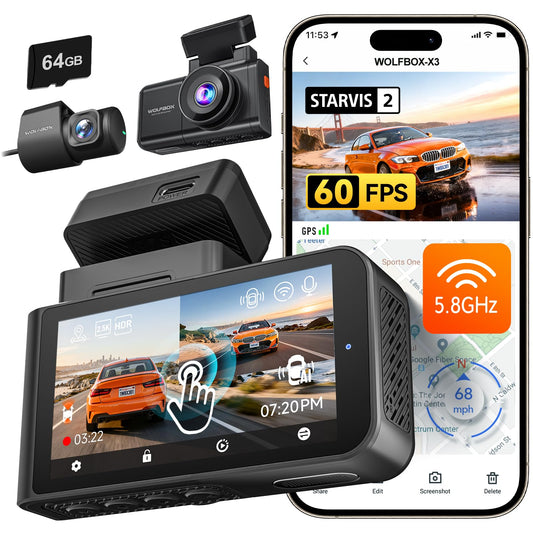 WOLFBOX X3 2.5K 60FPS +1080P Dash Camera, STARVIS 2 IMX675 with ADAS