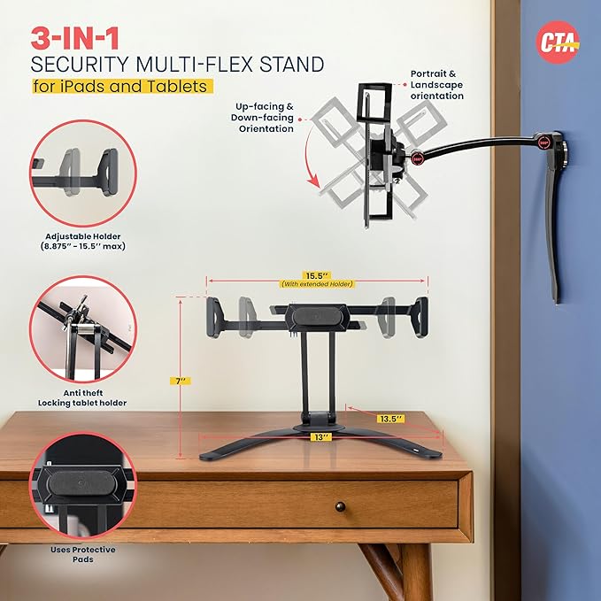 Stand and Wall Mount – CTA Security 2-in-1 Multi-Flex Tablet Stand & Wall Mount with Locking Tablet Holder & 2 Mount Bases for iPad 10th Gen 10.9" - iPad 7/8/9 Gen 10.2" & More - Black (PAD-SKMSB)